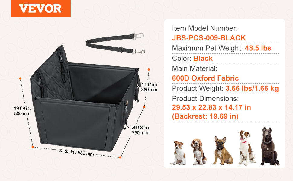 Автокрісло для собак VEVOR - чорне, водонепроникне, до 22 кг