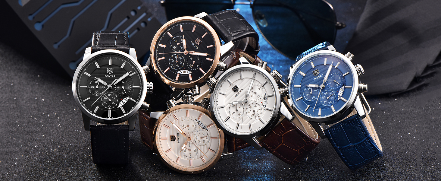 Годинник чоловічий Benyar кварцовий з хронографом, водостійкий, з нержавіючої сталі, чорний шкіряний ремінець, для бізнесу, спорту та відпочинку