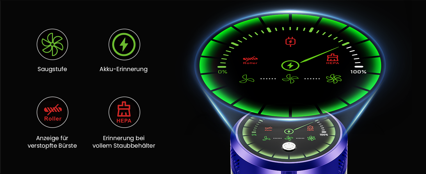 Бездротовий акумуляторний пилосос 48000Pa/580W/65Min, об'єм 1,8L з функцією від'єднання пилу, антизаплутана щітка, 8-ступенева фільтрація. Підходить для килимів, шерсті тварин та твердих поверхонь. Колір: блакитний