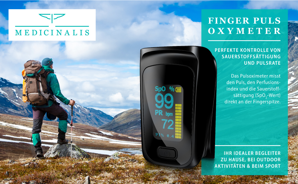 Пульсоксиметр на палець Medicinalis - вимірювання SpO2, пульсу, OLED дисплей, індикатор заряду батареї, тривога, однокнопкове управління, чорний