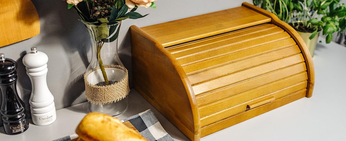 Дерев'яний хлібний ящик Creative Home | 38 x 28,5 x 17,5 см | Для хліба, булок, випічки | З відкидним кришкою | Натуральний хлібний контейнер для кухні
