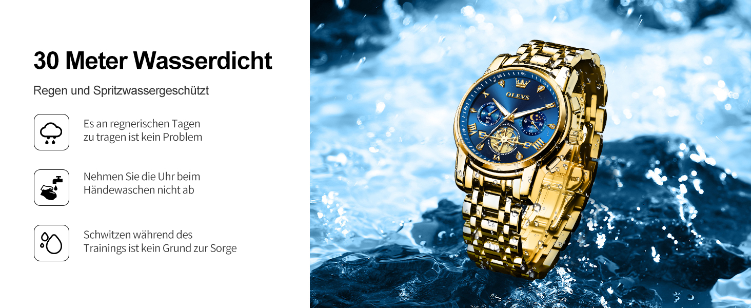 Годинник чоловічий OLEVS з металевим ремінцем, кварцовий, з місячною фазою, хронограф, водостійкий (2856 Blue / Gold)