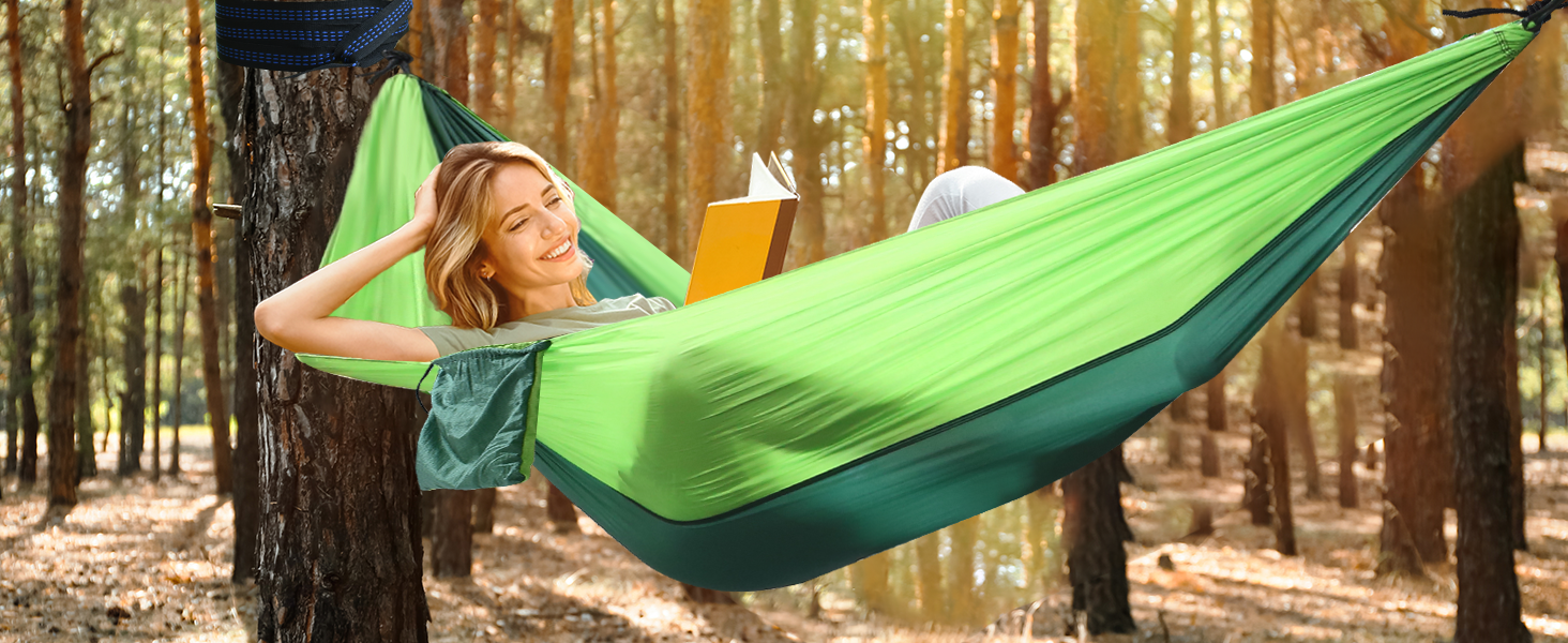 Гамак для кемпінгу Signstek, 270 x 140 см, вантажопідйомність 300 кг, ультралегкий нейлон, для відпочинку на природі, зелений