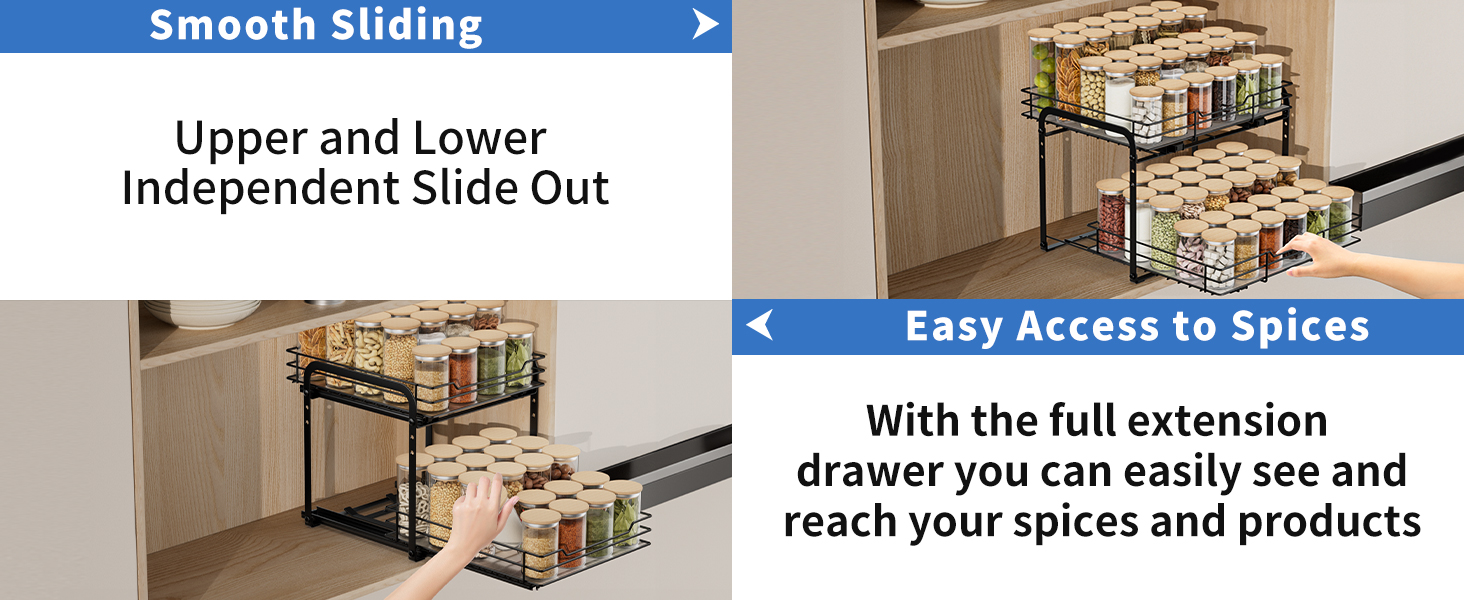 AIRUJIA Pull-Out Spice Rack, 2-Tier Dish Cabinet Organizer, Spice Rack Cabinet, Spice Rack, Lift-Up Bathroom Sink Shelf, Spice Organizer for Kitchen, L26.4*W23.2*H23CM