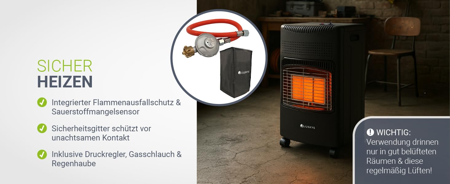 Газовий обігрівач Juskys® GS42US - 4200 Вт, чорний колір, з регулятором тиску та шлангом. Мобільний, ефективний та енергозберігаючий газовий нагрівач, газовий камін, газове обладнання