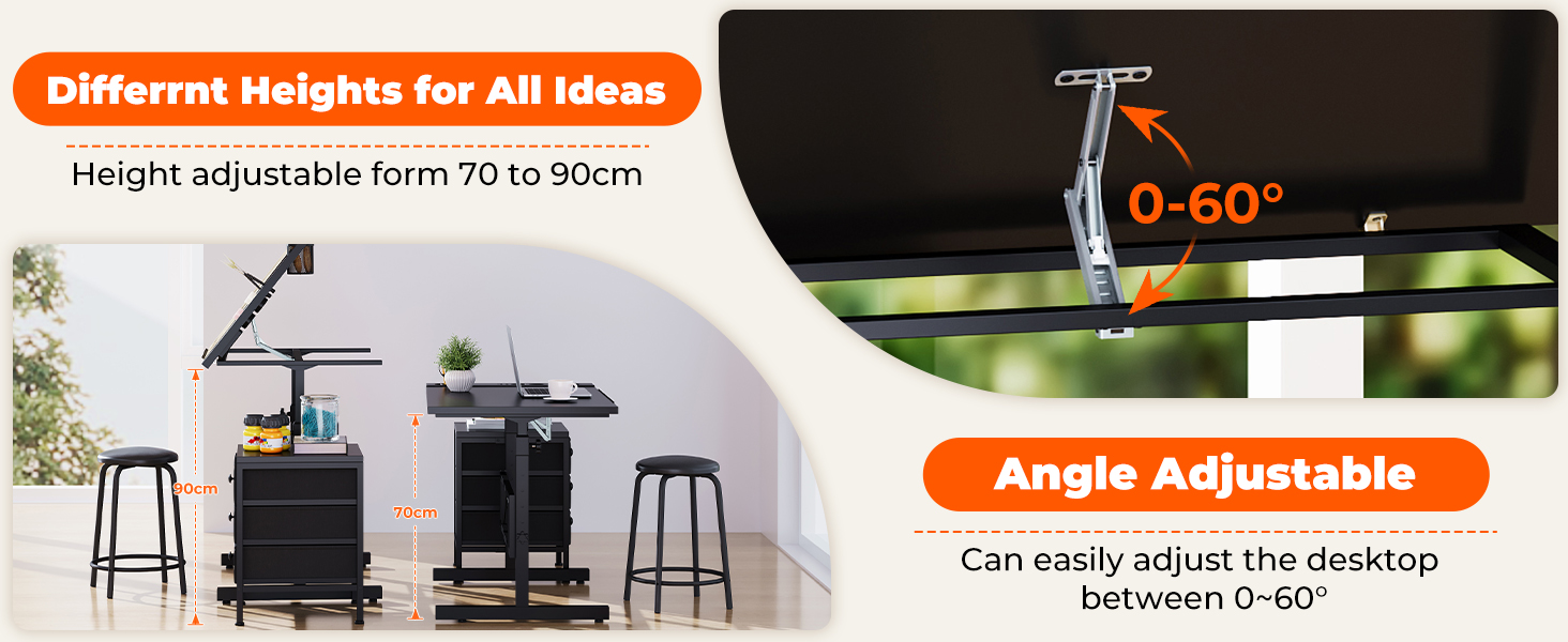 Adjustable Drafting Table with Tilt & Height - Drawing & Computer Desk with Stool & Storage - Wood Finish (Black + Storage Cabinet)