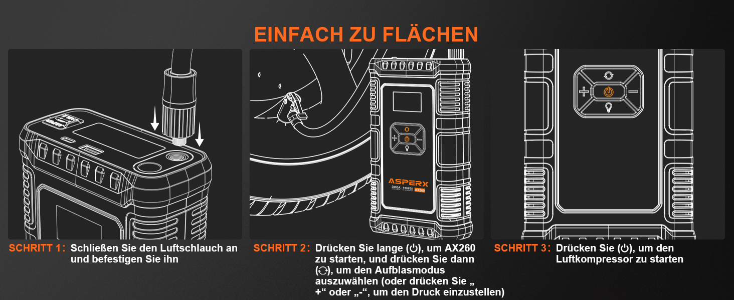 Powerbank з компресором ASPERX Starthilfe: 150PSI, 3000A, LED ліхтарик, для 12V авто, мото, SUV (до 10L бензину або 8L дизеля)