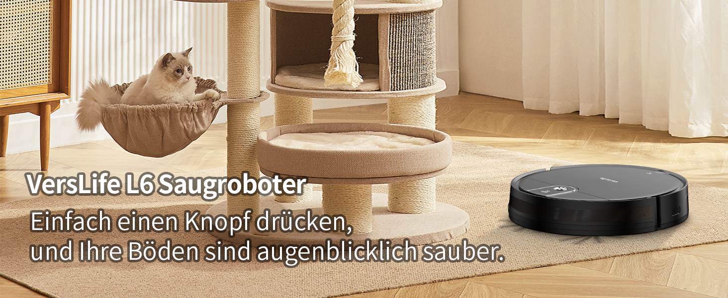 Робот-пилосос VersLife L6 з функцією миття, 4000Pa, керування через додаток, Alexa, до 120 хвилин роботи, ультратонкий дизайн, для шерсті тварин, килимів та твердих підлог, чорний