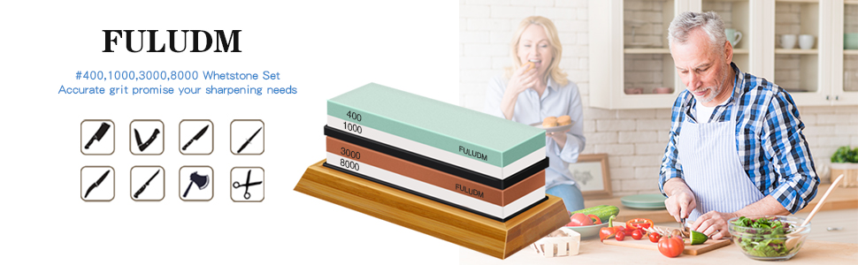 Набір точильних каменів FULUDM для ножів: 400/1000, 3000/8000 - з водою, з антиковзким тримачем