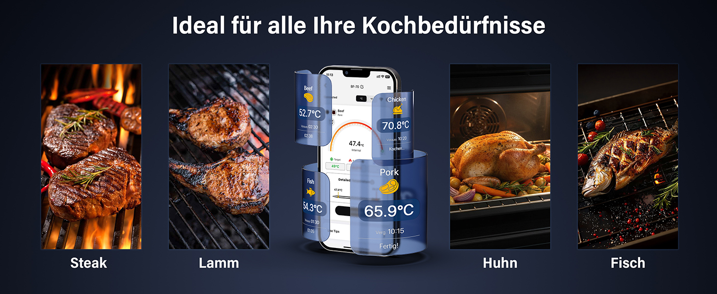 Термометр для гриля та духовки BFOUR WiFi Bluetooth з 6 датчиками, IP67, 2600mAh, керування через додаток