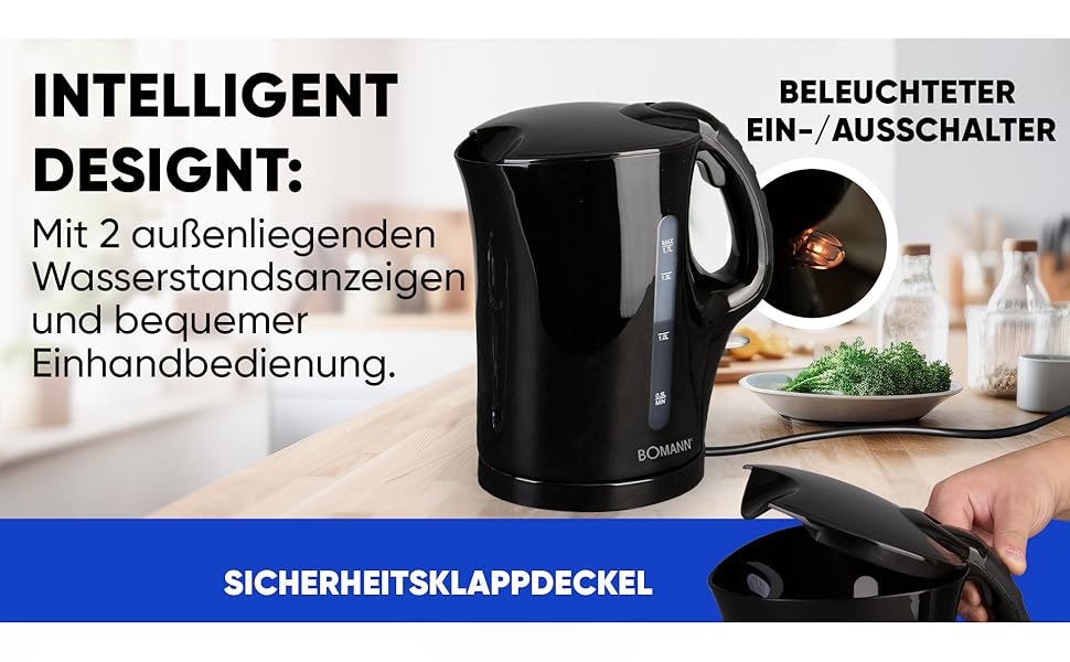 Електричний чайник Bomann WK 6079 CB: 1,7 л, автоматичне/ручне вимкнення, фільтр від накипу, 2200 Вт, чорний матовий