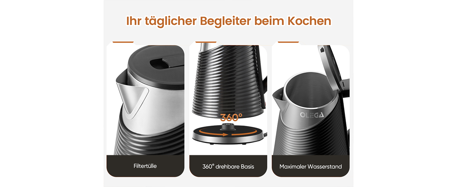 Електричний чайник OLEGA 1.8 л, 1800 Вт, швидкий нагрів, чорний, BPA Free