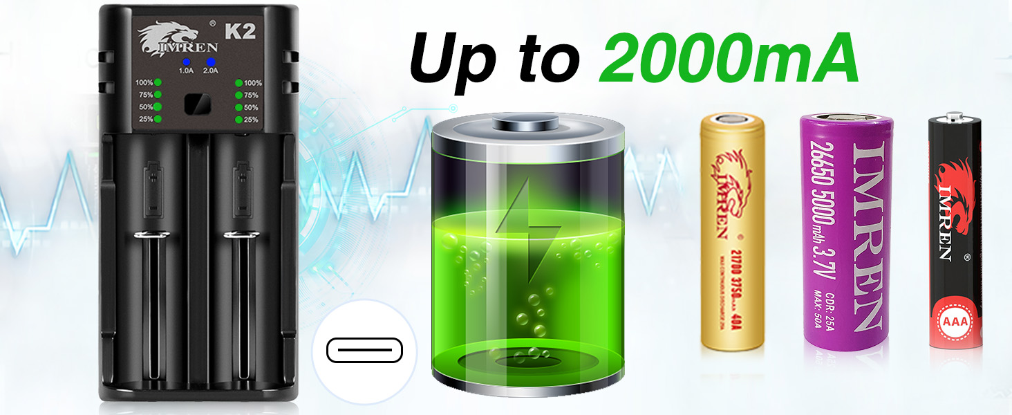 Зарядний пристрій IMREN 18650 з 4 слотами, 2A, USB-C, для акумуляторів 18350, 14500, 14650, 17500, 18700, 20700, 21700, 22650, 26650, 1.2V NI-MH/NI-Cd AA AAA C