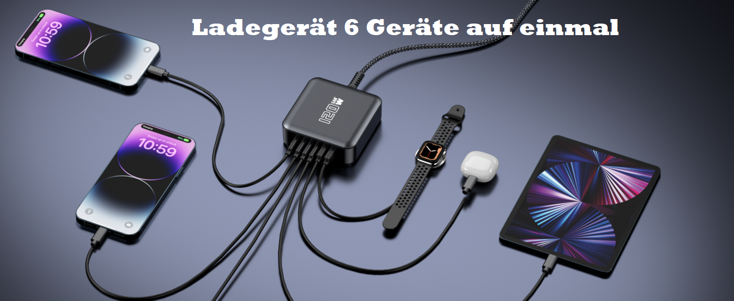 Швидкий зарядний пристрій USB-C GaN Hub 120W, 6 портів для iPad, iPhone 17/16/15/14/13/12 Pro Max, Samsung Galaxy S23 - Сірий