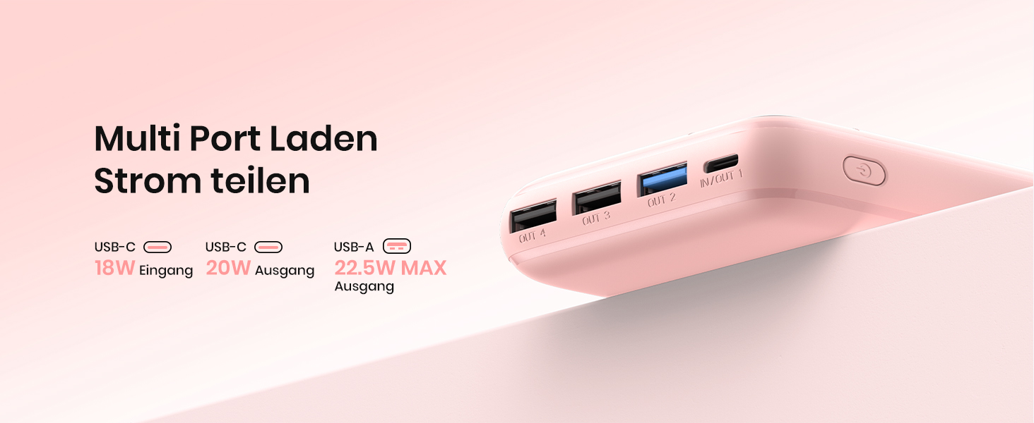 Power Bank A ADDTOP 20000mAh 22.5W Рожевий - Зовнішній акумулятор з USB-C та 4 портами для швидкої зарядки телефону