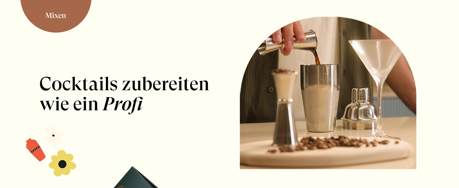 Коктейльний набір Cocora Martini-Set 8 предметів з нержавіючої сталі: шейкер, келихи для Мартіні, книга рецептів, подарункова упаковка (Чорний)