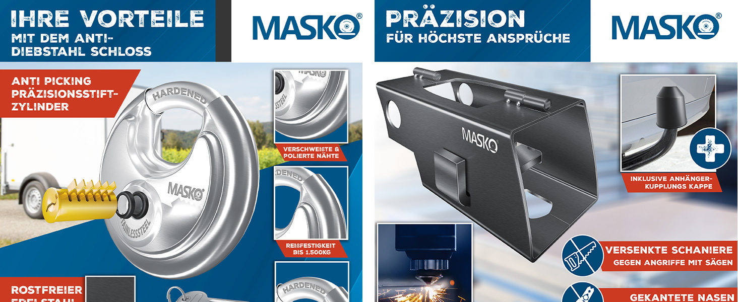 Замок для причепа MASKO® з дужкою, протиугінний замок для причепів та караванів, сріблястий, зі штифтовим механізмом, з ключем і захисною кришкою