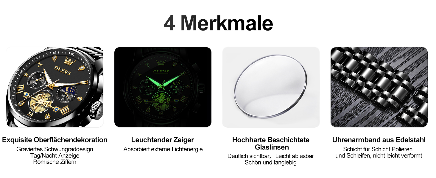 Годинник чоловічий OLEVS з металевим ремінцем, кварцовий, з місячною фазою, хронограф, водонепроникний, чорний (2856)