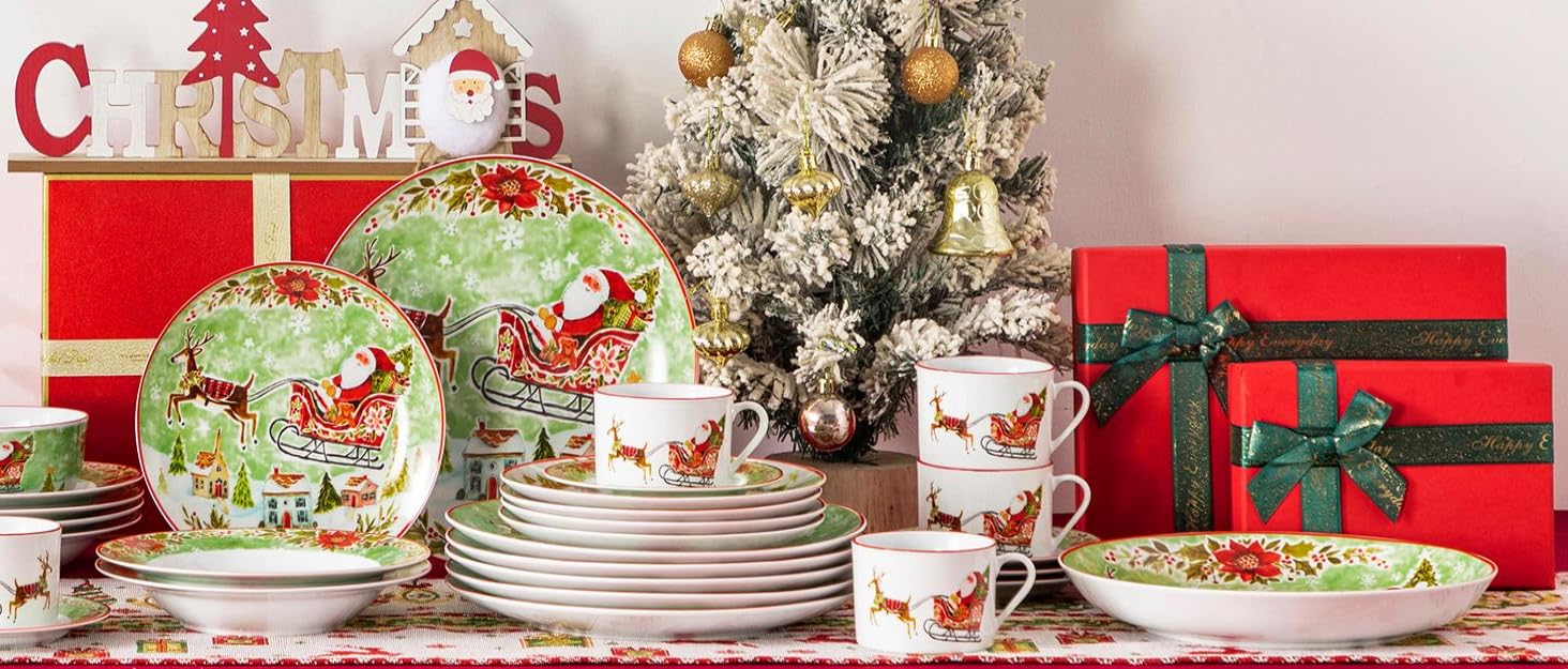 Набір різдвяного посуду VEWEET XMAS, 18 предметів, порцеляна, для 6 персон — тарілки з малюнком Санти та оленів
