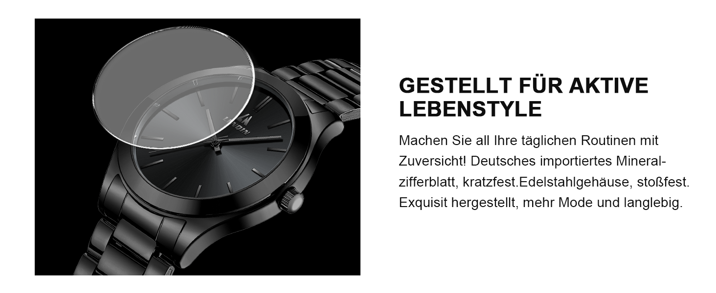 Чоловічий годинник LN LENQIN з нержавіючої сталі, водостійкий (30м), кварцовий, аналоговий, для бізнесу та повсякденного носіння (01 - Чорний)