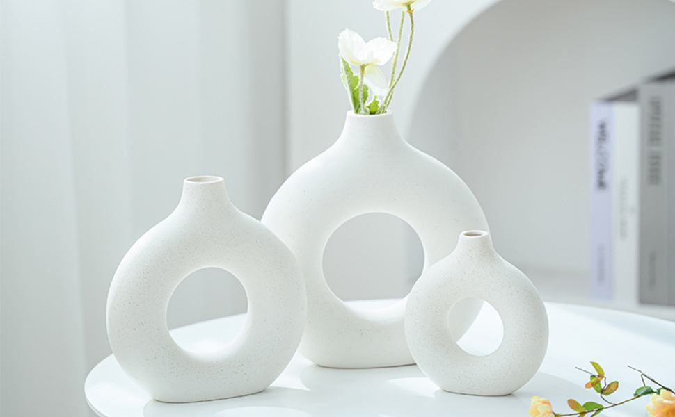 Ceramic Vase Set for Pampas Grass - 2pcs (Large & Medium), Modern Matte Donut Vases for Home Decor, Flowers, Table, Shelf, Fireplace, Living Room, Bedroom, Office, Wedding, Party, Gift - White