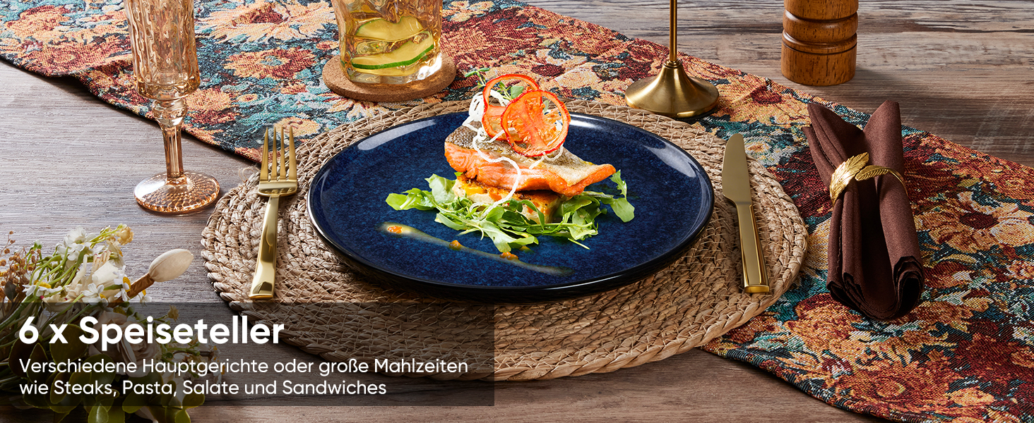 Набір посуду HaWare на 6 осіб, 18 предметів: тарілки з реактивної глазурі, комплект посуду для сервірування столу (Edelblau)