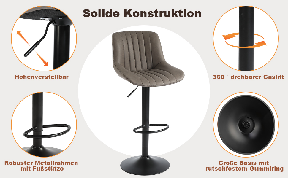 Youhauchair 2-Piece Swivel Bar Stools with Backrest - Adjustable Height PU Leather Bar Stools for Kitchen & Bar - Brown