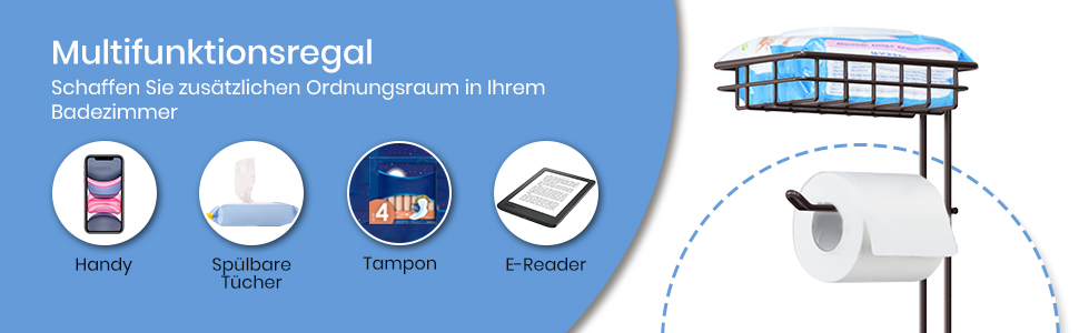 Тримач туалетного паперу TreeLen Mega Roll з нержавіючої сталі, тримач для серветок, стійка для туалетного паперу з полицею для телефону/ганчірки та підставка для журналів, хром (для 4 рулонів, чорний тримач туалетного паперу)