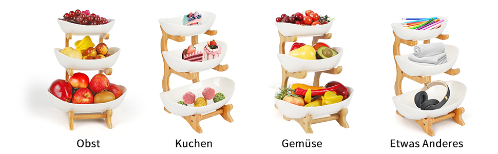 Багатоярусна фруктова миска з кераміки для кухні, 3 яруси, з дерев'яними підставками, для овочів, фруктів, снеків, декор