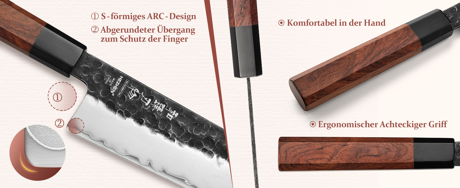 HEZHEN 21.5cm Kiritsuke Chef's Knife - 3-Layer Forged Steel, Japanese Kitchen Knife with Redwood Handle & Wooden Sheath