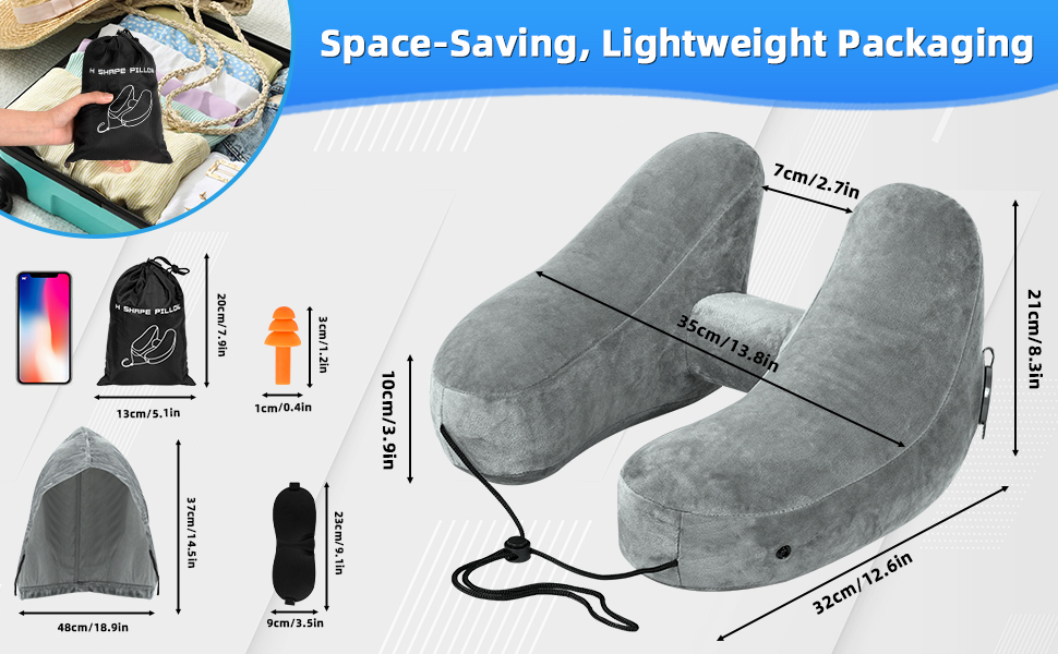 Подушка для шиї в літак надувна, подушка-літачок, подушка для дорослих з підголовником, капелюх, сумка, маска для сну, навушники для подорожей, авто, офіс (сіра)