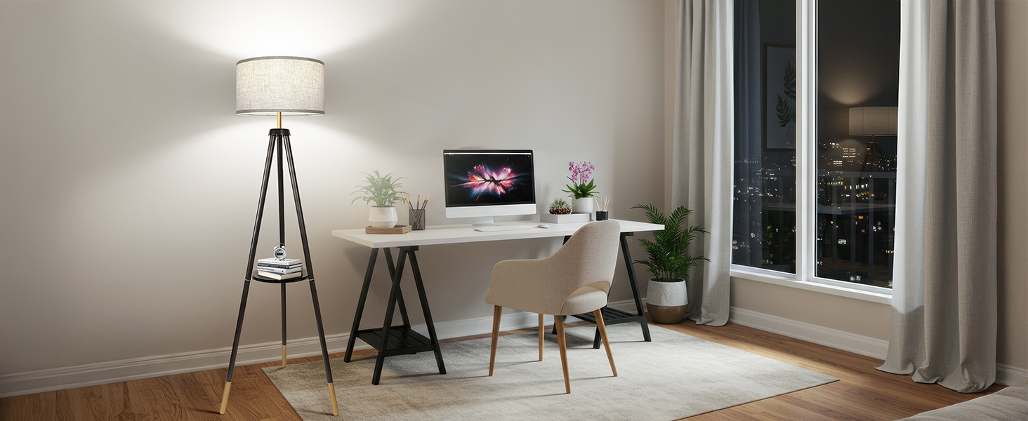LED торшер OUTON з регулюванням яскравості, тринога, дерево, з полицею, пульт, 4 колірні температури, таймер 1 година, чорний/золотий, з бежевим абажуром для вітальні, спальні, офісу