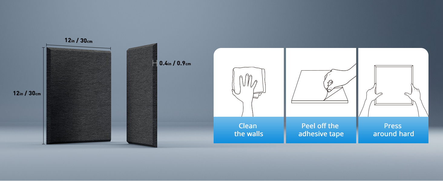 Акустичні панелі для шумоізоляції стін самоклеючі, квадратні звукопоглинаючі плити високої щільності, 30x30x0.9 см, чорні, 12 шт.