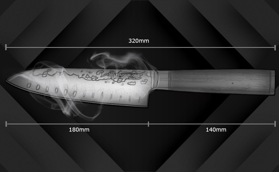 Кухонний ніж Santoku YOUSUNLONG 18 см з японської сталі AUS8, чорне титанове покриття, рукоятка з ебенового дерева