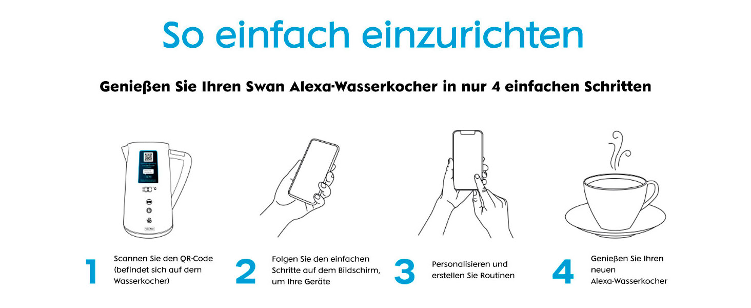 Чайник електричний Swan Alexa WIFI, 1.5л, з регулюванням температури, чорний, бездротовий, LED-сенсорний екран, функція підтримання тепла, Cool Touch, ізольована сталева стінка, 1800W, SK14650BLKNEU