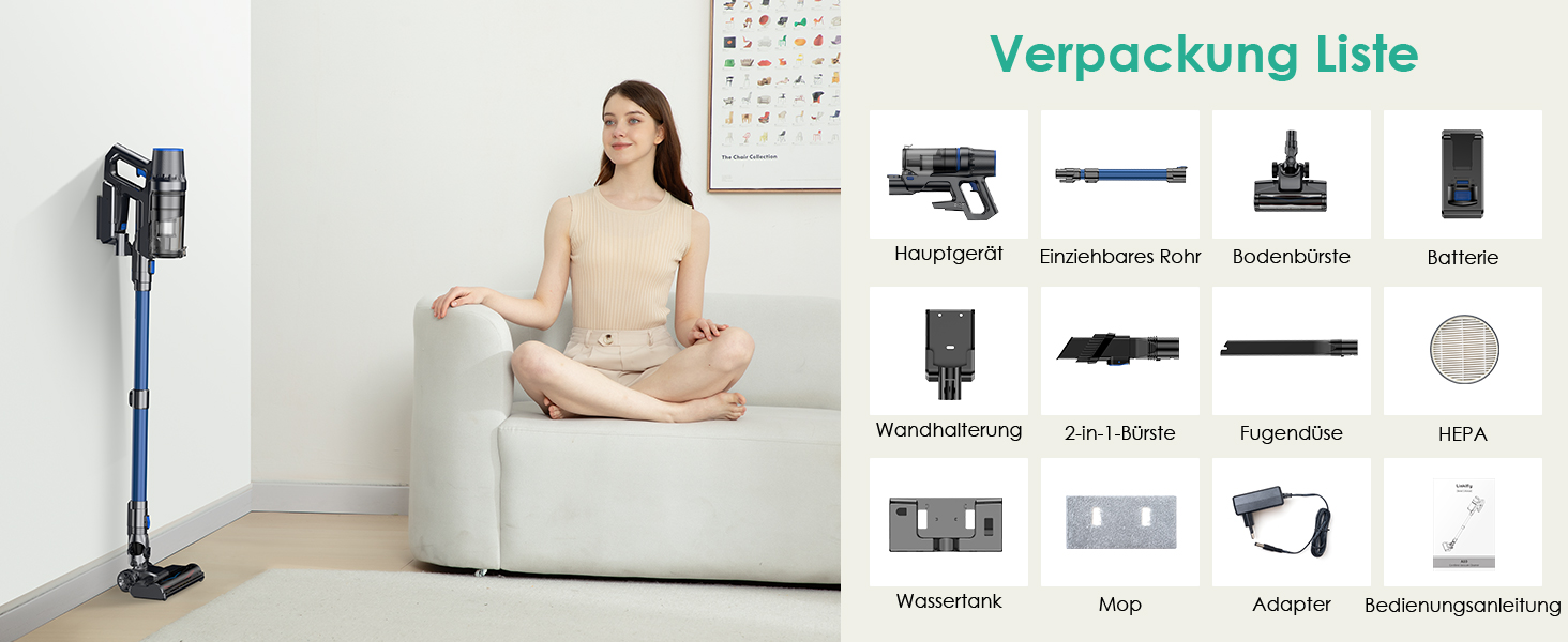 Бездротовий акумуляторний пилосос з функцією миття підлоги, 45000 Па/550 Вт/60 хв, безщітковий двигун, LED-дисплей, самостійна парковка, для твердих поверхонь, килимів та шерсті тварин, блакитний