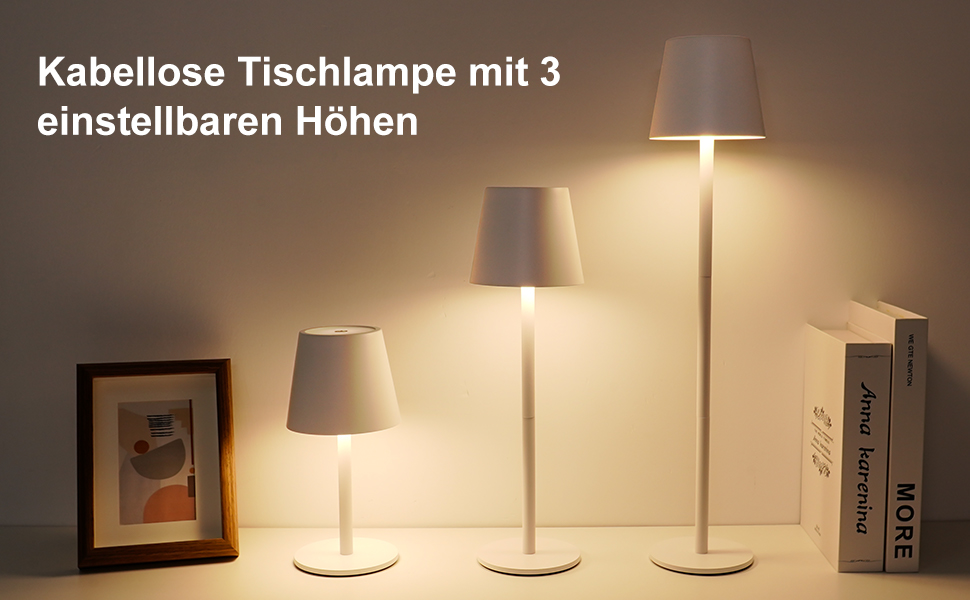 LED настільна лампа акумуляторна бездротова з сенсорним керуванням, USB-C, димування, 3 режими світла, регульована висота, IP54 водонепроникна для ресторану, спальні, бару, вулиці - біла