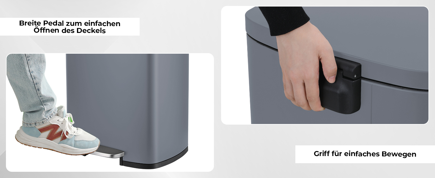 Відро для сміття LIFERUN 30л з кришкою, з м'яким закриттям, сталеве, з внутрішнім відром, для кухні, ванної кімнати, офісу (L-50L, сірий)