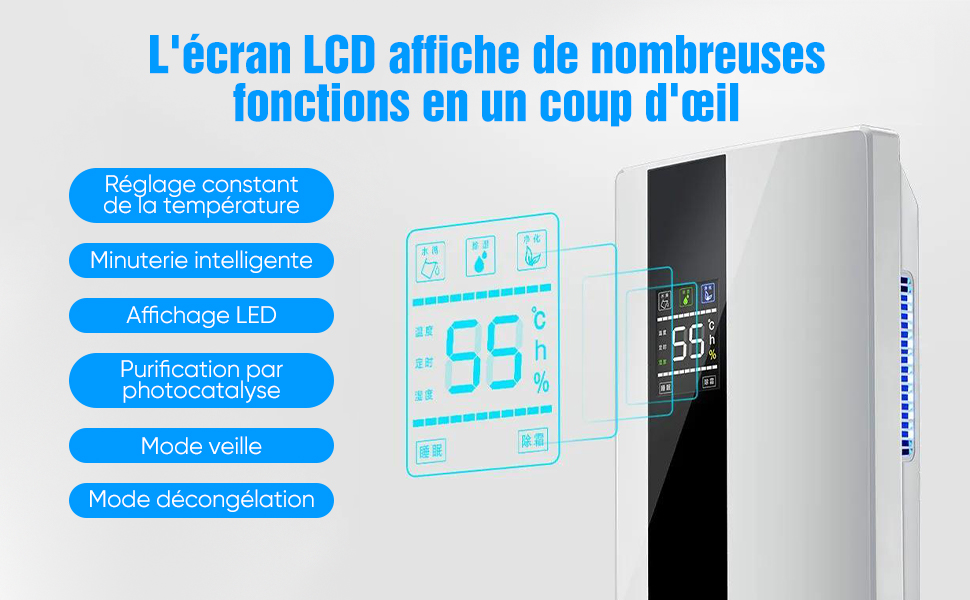 Електричний осушувач повітря 2-в-1 з очищувачем, тихий для дому, LED-дисплей, інтелектуальне керування вологістю, таймер 24 год, пульт ДУ
