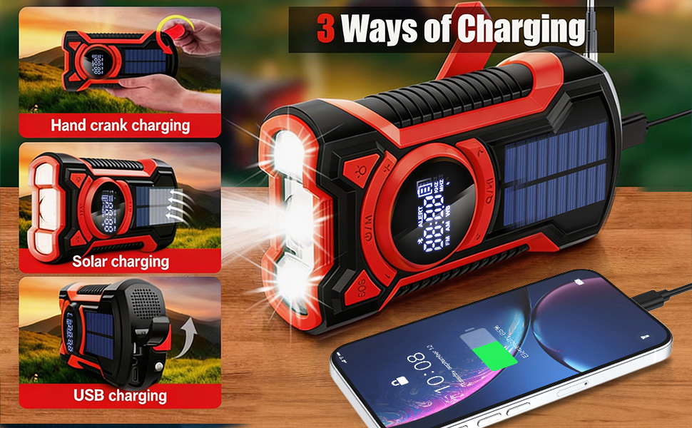 Радіо на сонячній батареї та ручному приводі Gemmac 5000mAh з Bluetooth, USB AM/FM, Power Bank, SOS-сигналом та ліхтариком - для кемпінгу та виживання (Червоне)