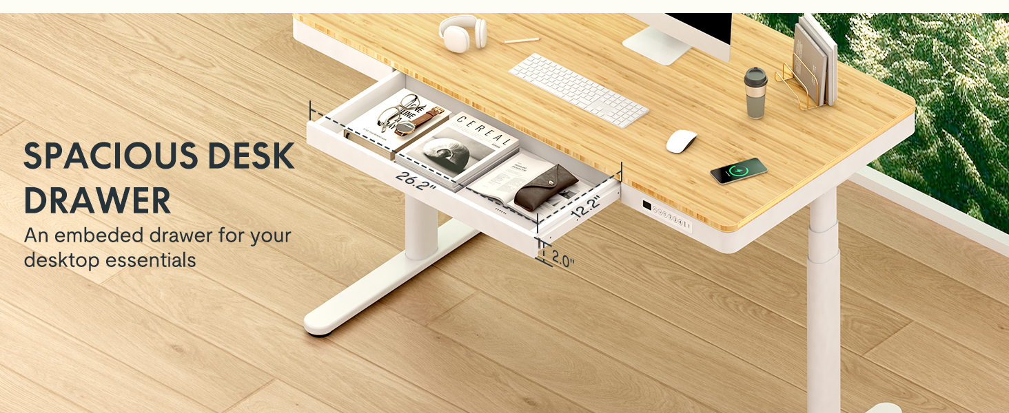 FLEXISPOT Electric Standing Desk with LED Display, Memory, USB & Drawer - 140x70cm Bamboo/White (with Qi Charging)