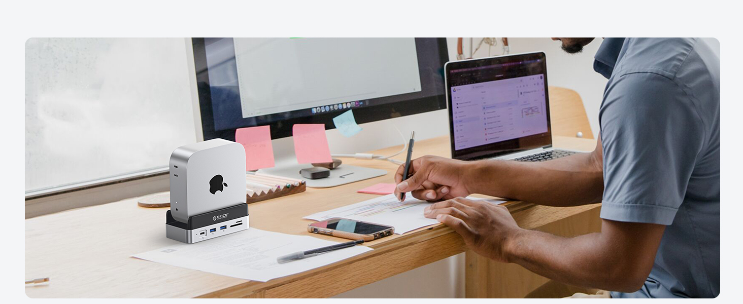 ORICO MiniDock VS10: Док-станція та підставка для Mac mini M4/M4 Pro з корпусом для NVMe SSD, хаб USB-C з 4K HDMI, DisplayPort, SD/TF 3.0, USB-C/A 10Gbps, PD 100W, 10-в-1, DIY