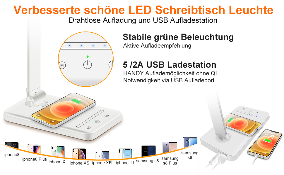 LED настільна лампа Weareok з регулюванням яскравості, захистом для очей, бездротовою зарядкою Qi та USB-портом, білий колір