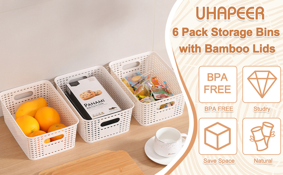 UHAPEER Storage Box with Bamboo Lid, 6 Piece Storage Basket, Plastic Basket Storage, Kitchen Organizer White, Stackable Storage Boxes, Box with Lid 25.6 x 18 x 10.7 cm