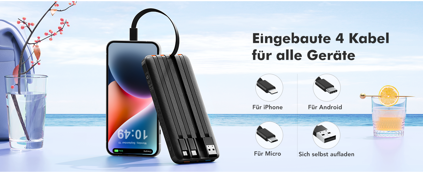 Power Bank Charmast 20000mAh з LED-дисплеєм та 4 кабелями (USB C, PD3.0, QC4.0) – чорний