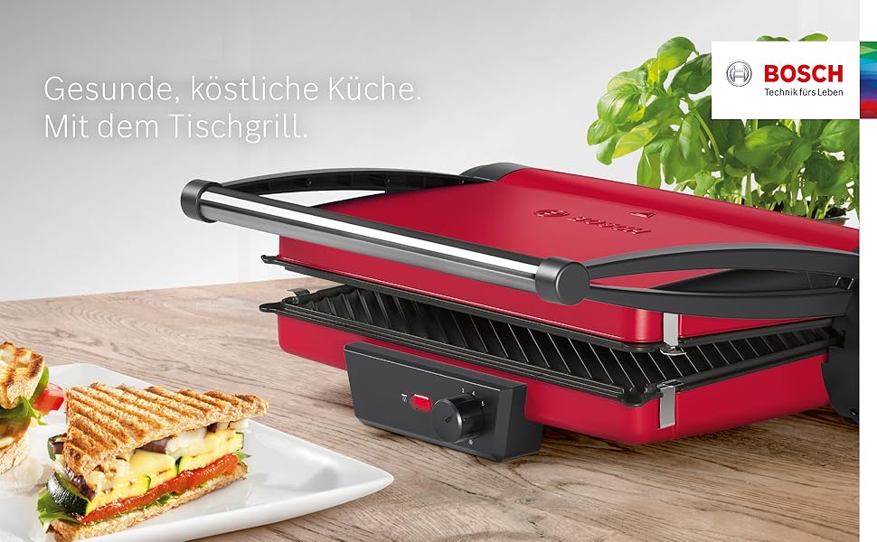 Електричний контактний гриль Bosch TCG4104 3-в-1, 2000 Вт, червоний, з регулюванням температури та знімними алюмінієвими пластинами