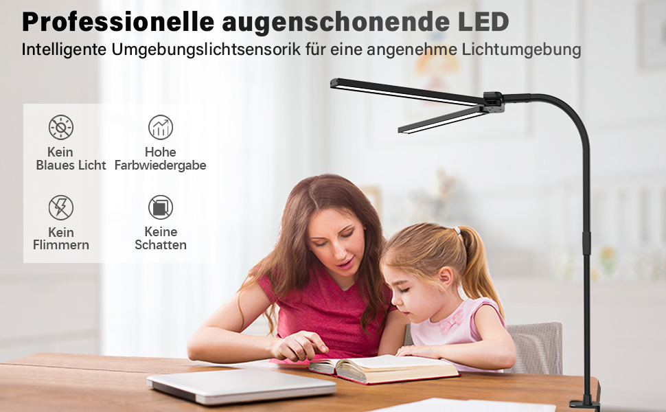 Лампа для столу Hapfish LED з кріпленням, 24W, подвійний настільний світильник, широке та яскраве освітлення, 5 режимів кольору та 5 рівнів регулювання яскравості, лампа денного світла для офісу, дому, дітей, з шийкою-лебедем