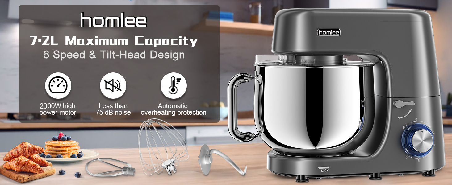 Кухонна машина-міксер 1800W з чашею 7.2L з нержавіючої сталі, 6 швидкостей, низький шум, мультифункціональна (сірий)
