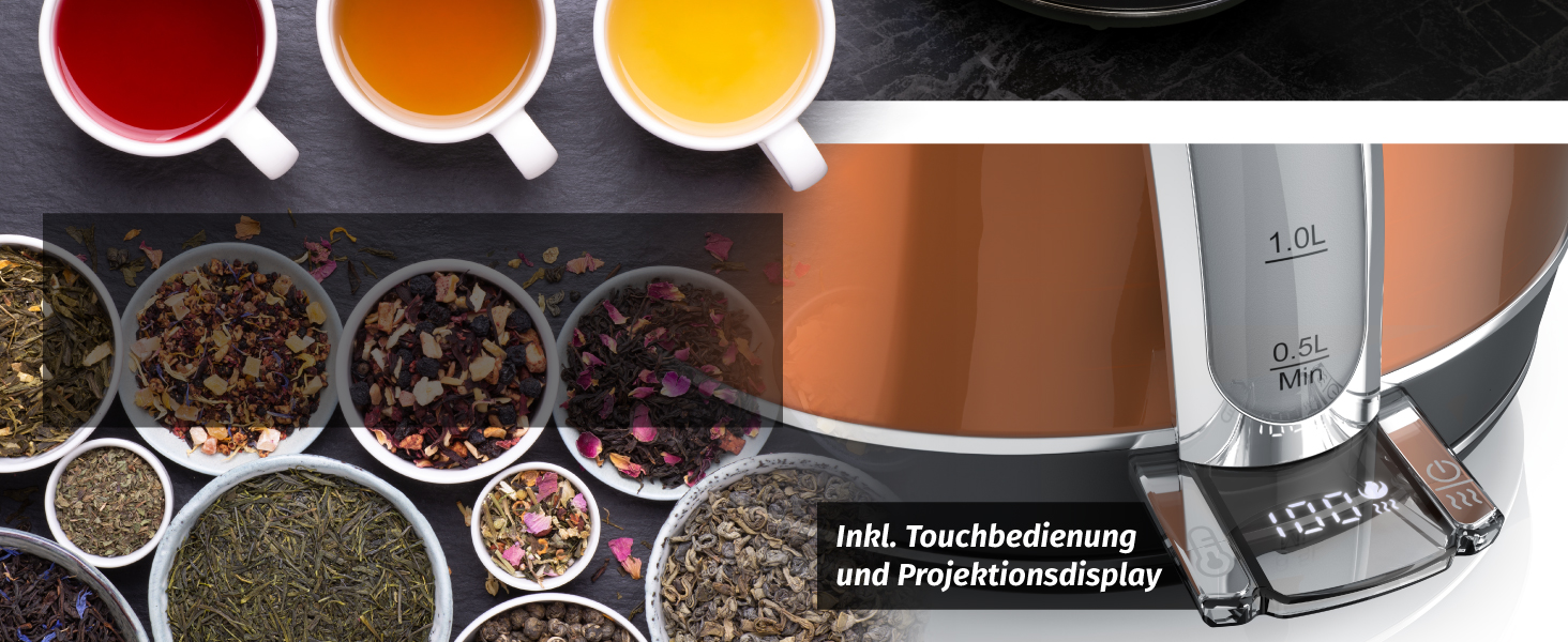 Електричний чайник Arendo з регулюванням температури, LED дисплеєм та сенсорною панеллю. Ретро-дизайн, об'єм 1,7 л, функція підтримки тепла, вимірювання, змінний фільтр від накипу. Матеріал: нержавіюча сталь, колір: мідний.