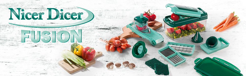 Набір для нарізання овочів Genius Nicer Dicer Fusion Julietti | 16 частин | Універсальний овочеріз | Слайсер, 26.5 x 11.5 x 14.5 см, м'ятно-зелений